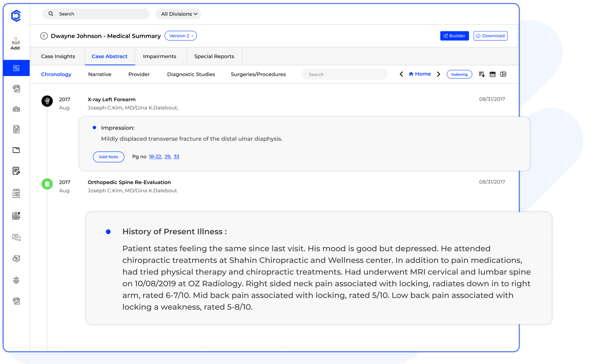 CaseDrive abstract view displaying chronological medical records, diagnostics, and clinical notes CaseDrive abstract view displaying chronological medical records, diagnostics, and clinical notes