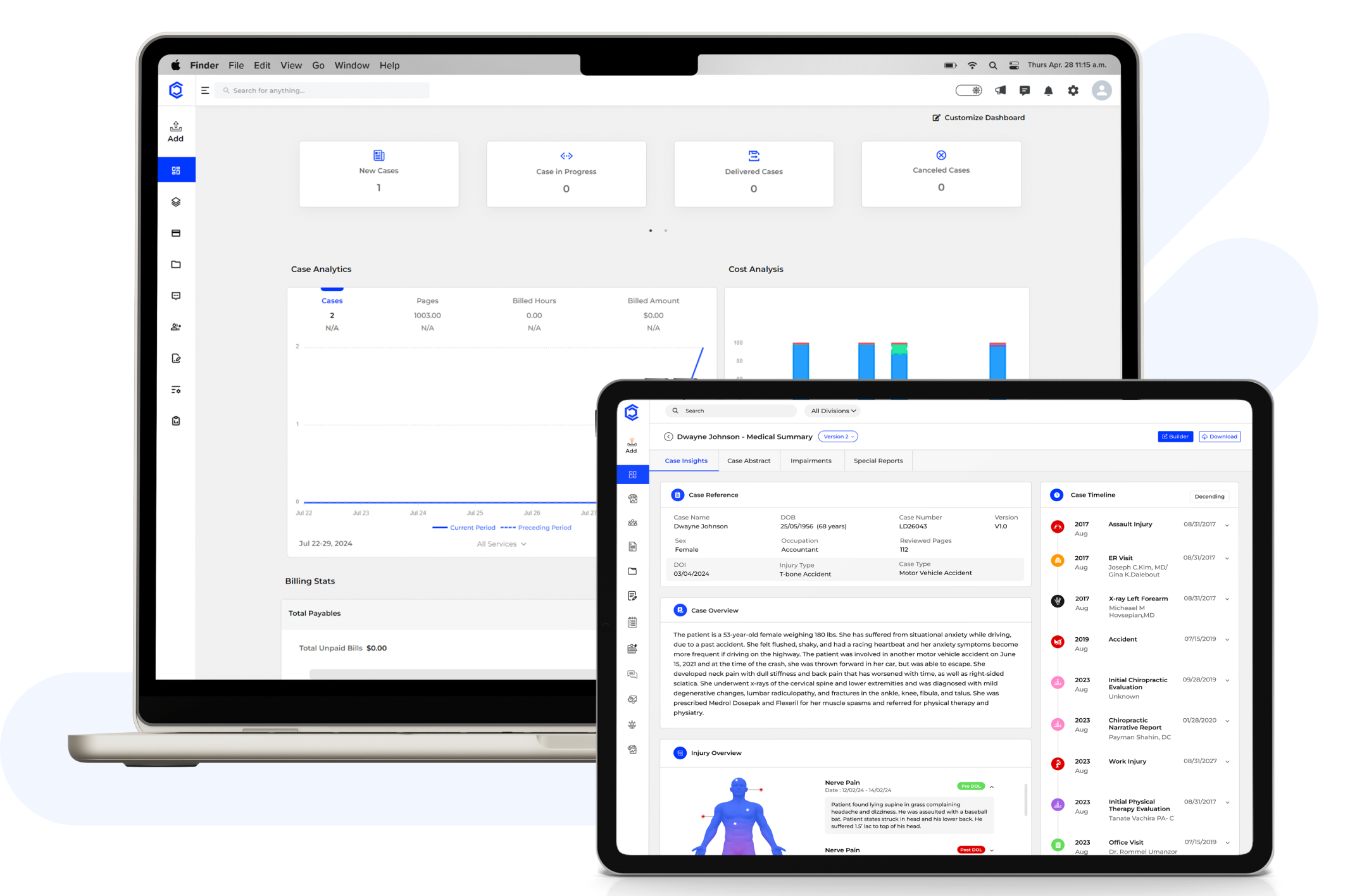 CaseDrive dashboard on laptop and tablet showing case analytics and medical summary interface CaseDrive dashboard on laptop and tablet showing case analytics and medical summary interface