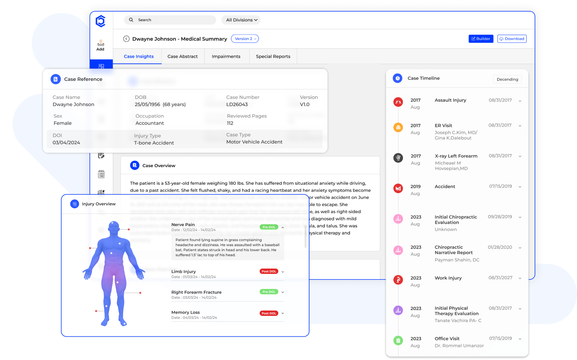 Detailed medical summary view in CaseDrive with case overview, injury insights, and timeline of events Detailed medical summary view in CaseDrive with case overview, injury insights, and timeline of events