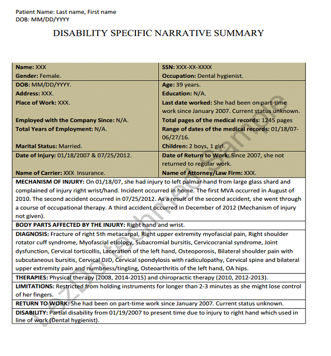 Narrative Summary Sample Disability Specific Narrative Summary Narrative Summary
